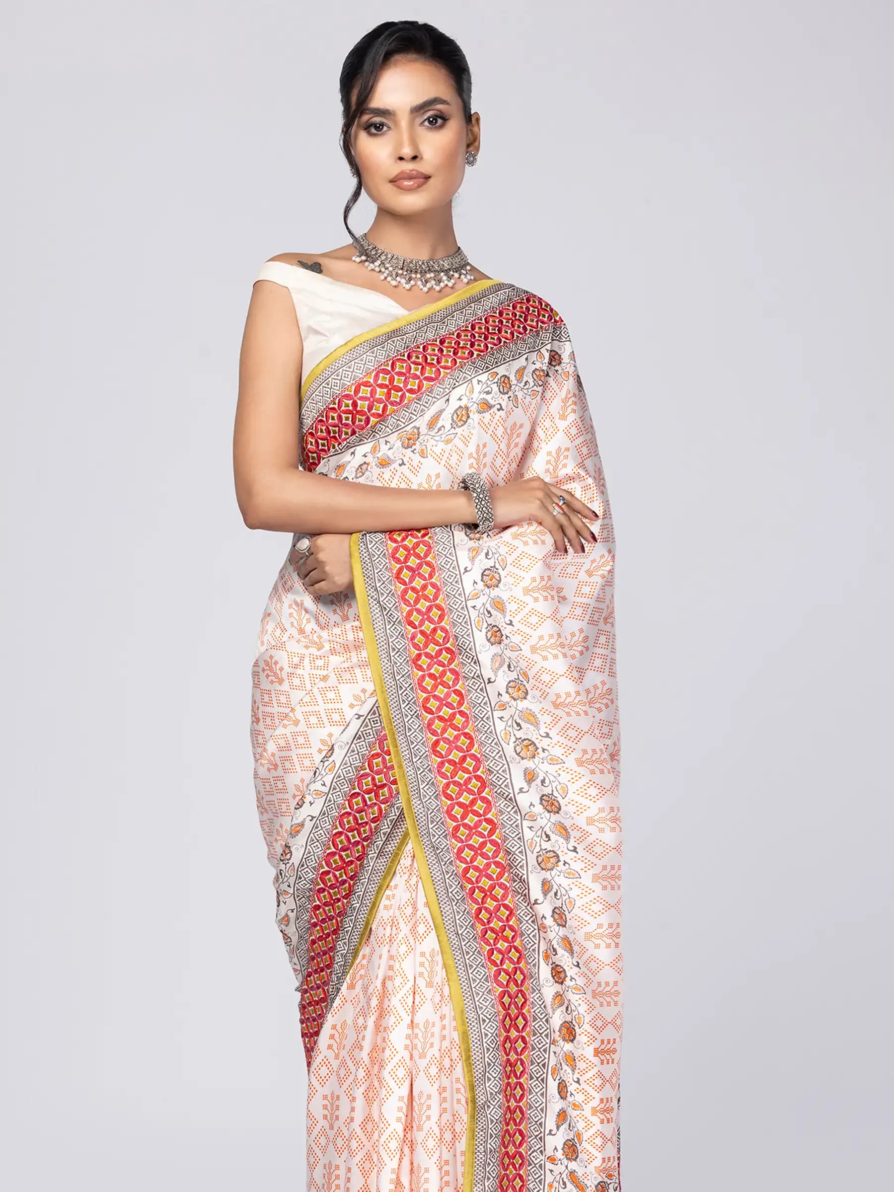 Off White Printed and Nakshi Kantha Embroidered Silk Saree