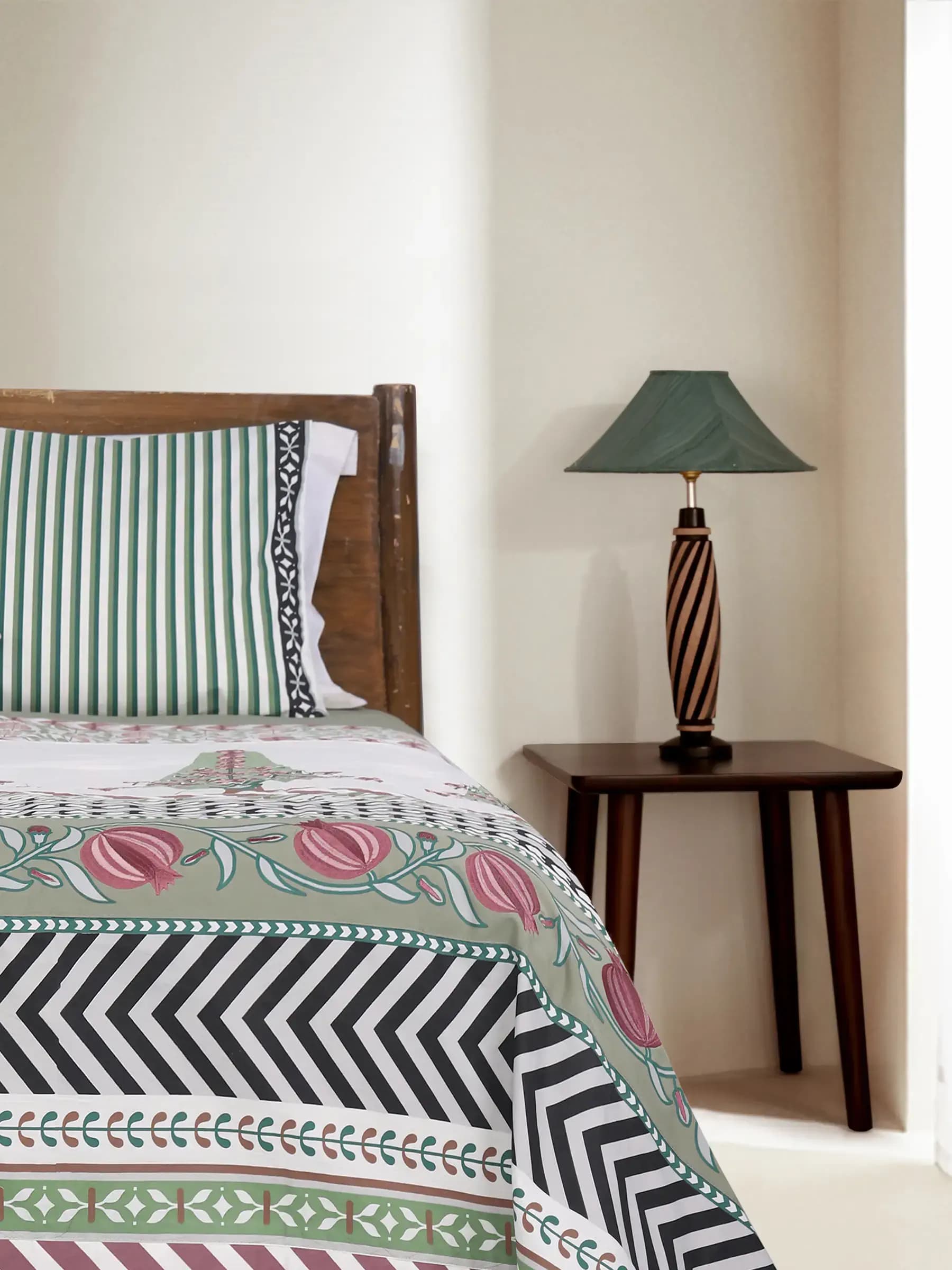 Sage Green Printed & Embroidered Cotton Bed Cover