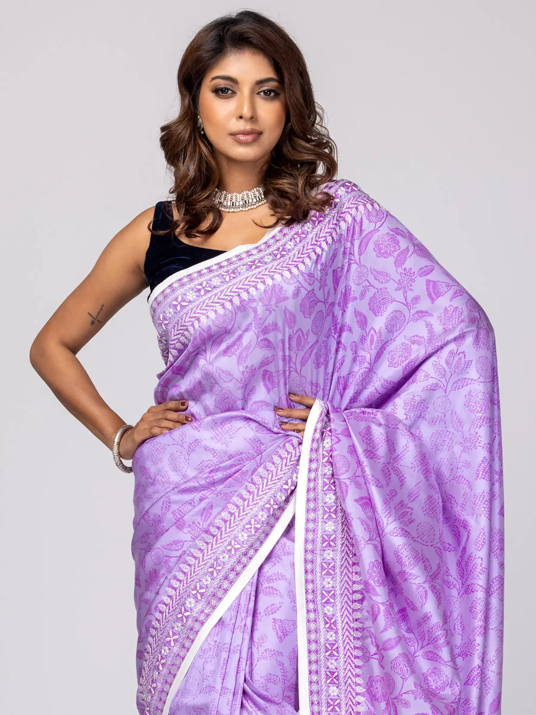 Periwinkle Printed and Nakshi Kantha Embroidered Silk Saree
