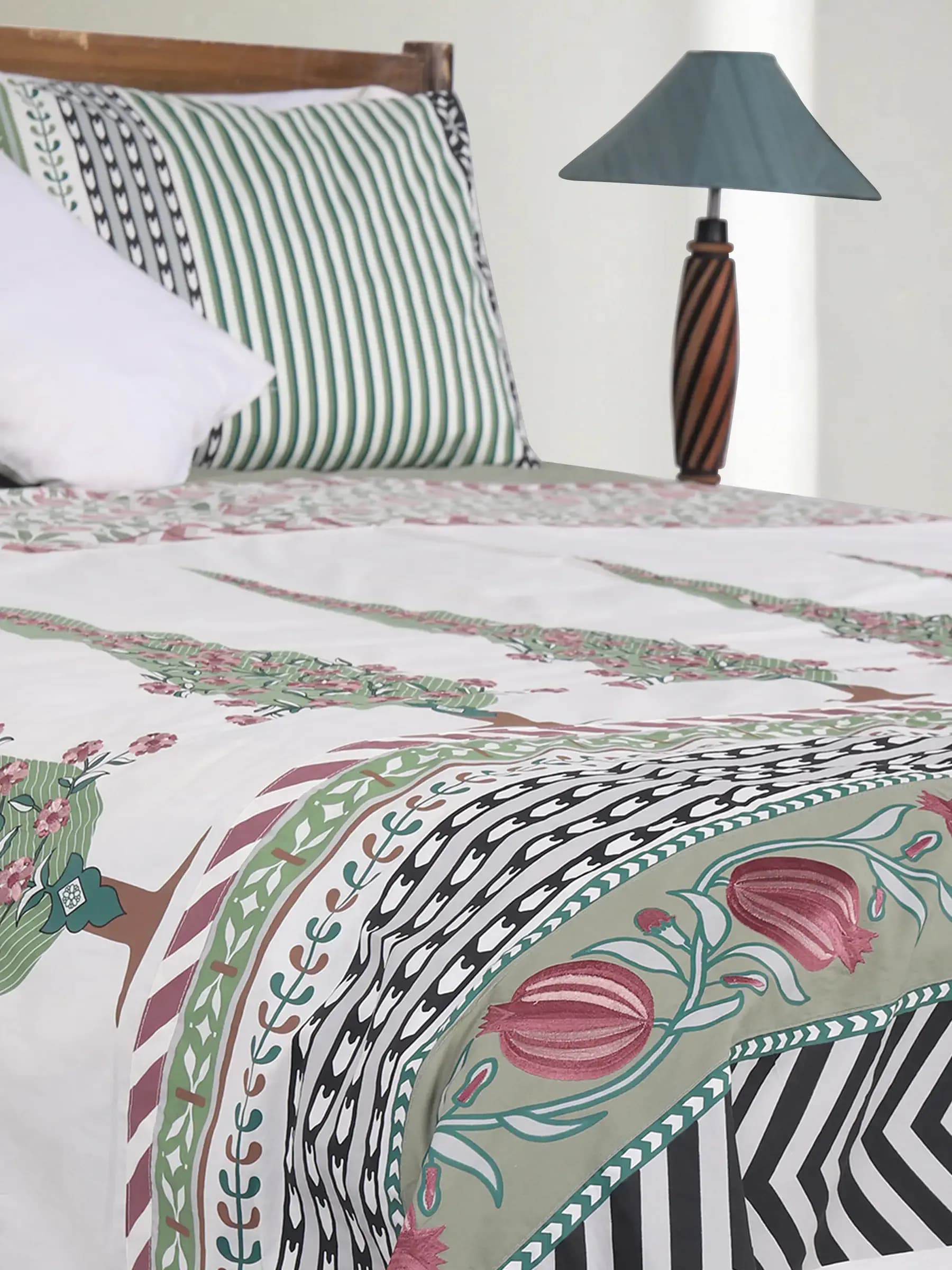Sage Green Printed & Embroidered Cotton Bed Cover