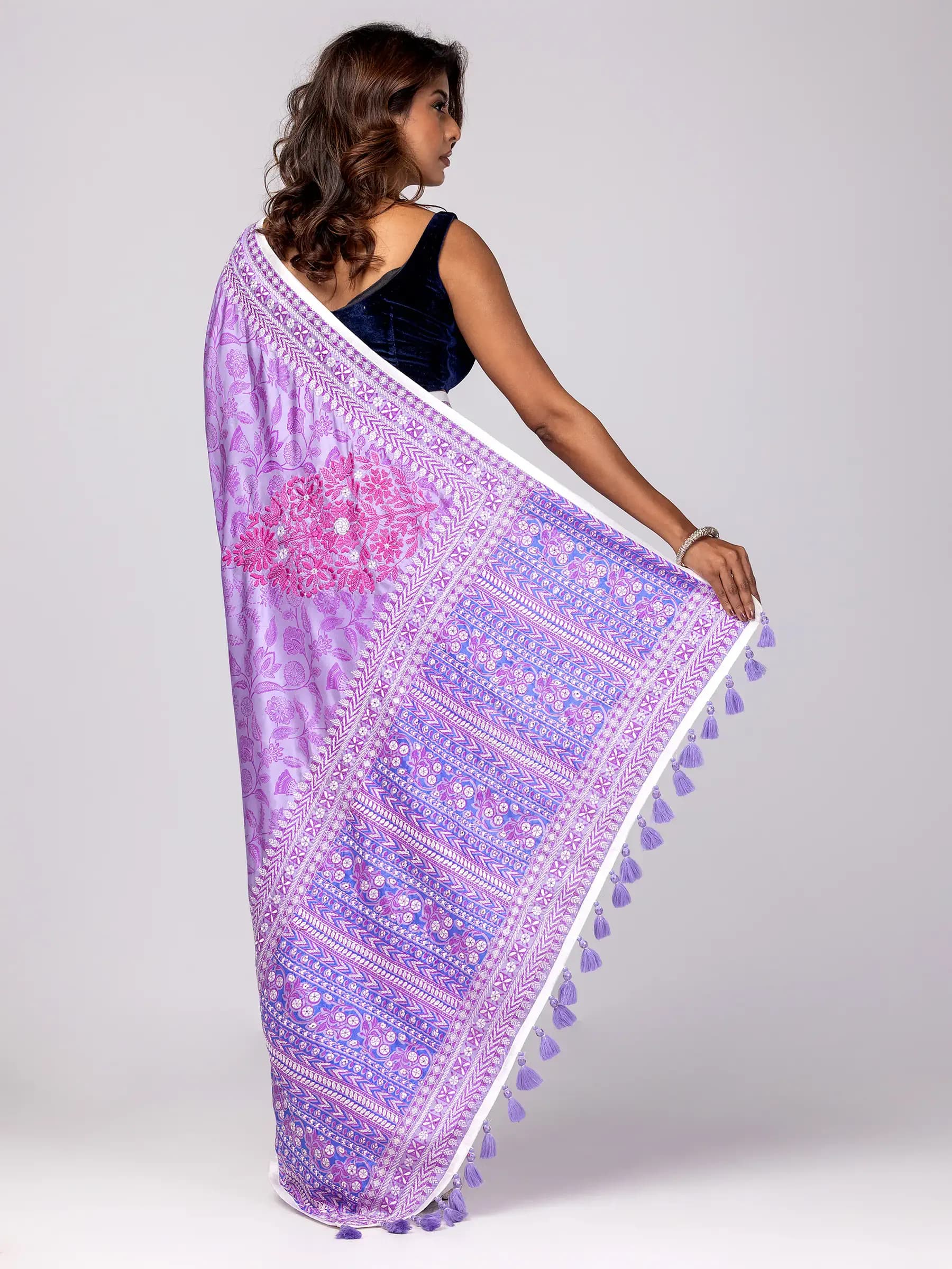Periwinkle Printed and Nakshi Kantha Embroidered Silk Saree