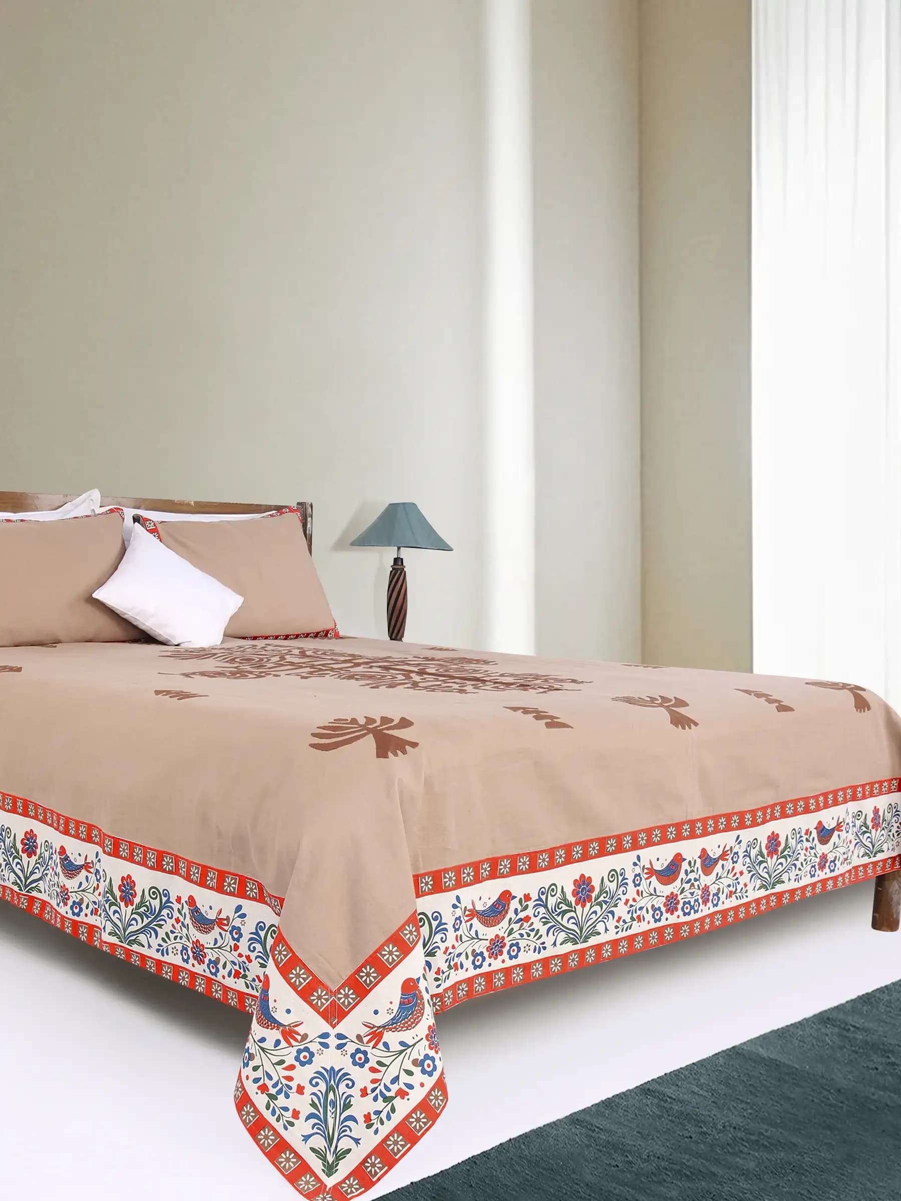 Brown/Beige Printed and Appliqued Cotton Bed Cover