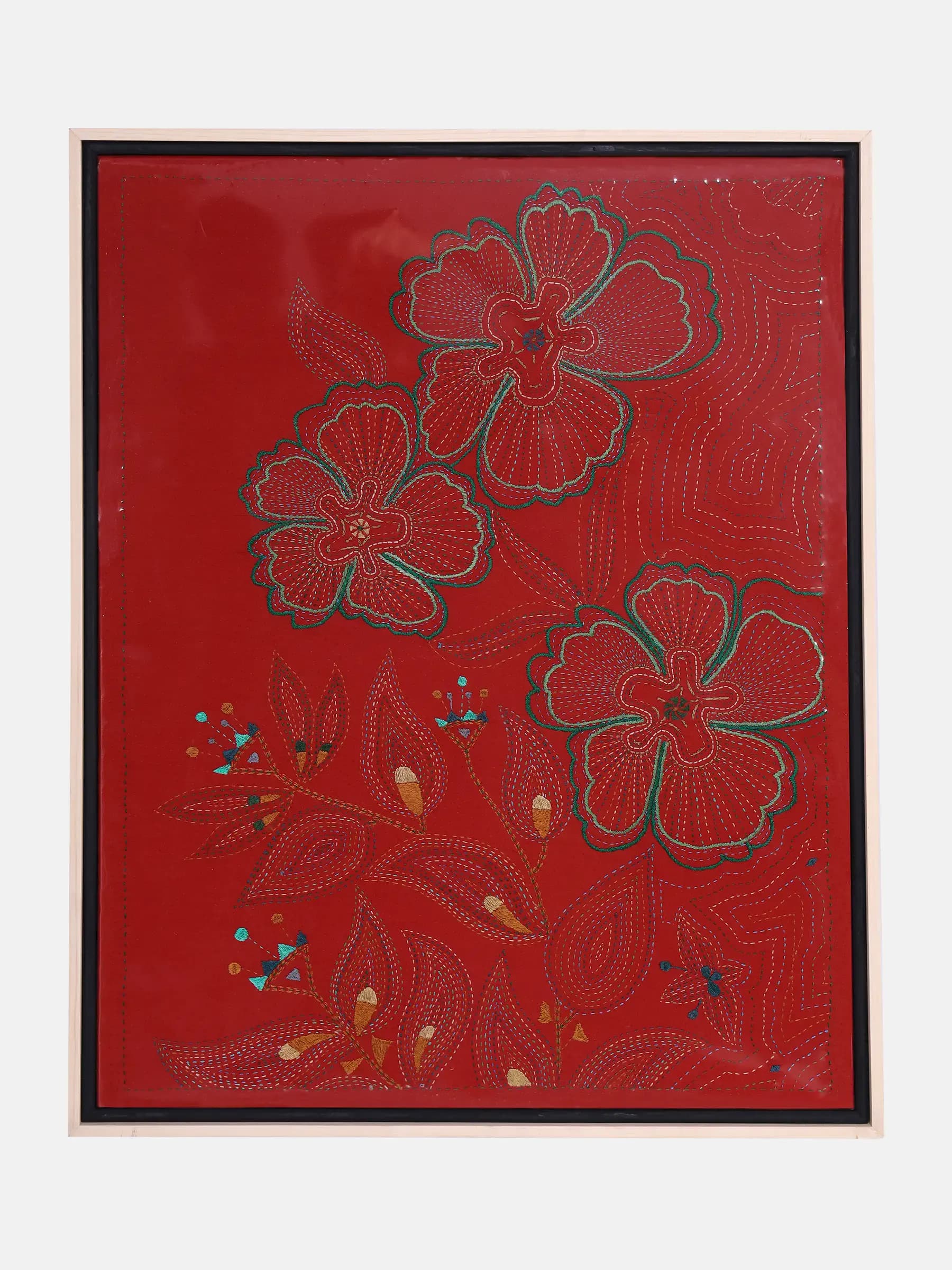 Red Nakshi Kantha Embroidered Cotton Wall Hanging