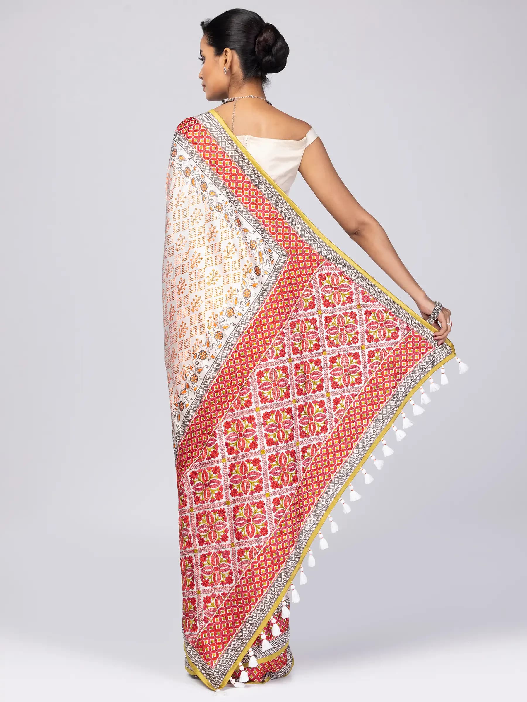 Off White Printed and Nakshi Kantha Embroidered Silk Saree
