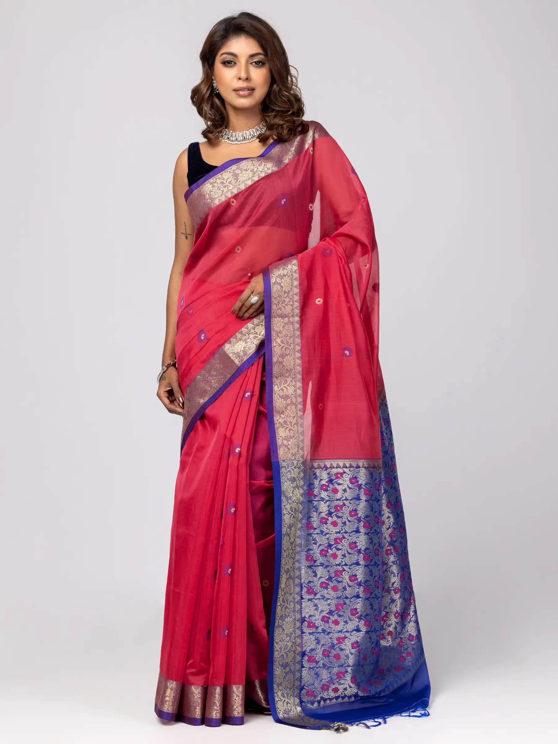 Burnt Red Tangail Chosha Katan Saree