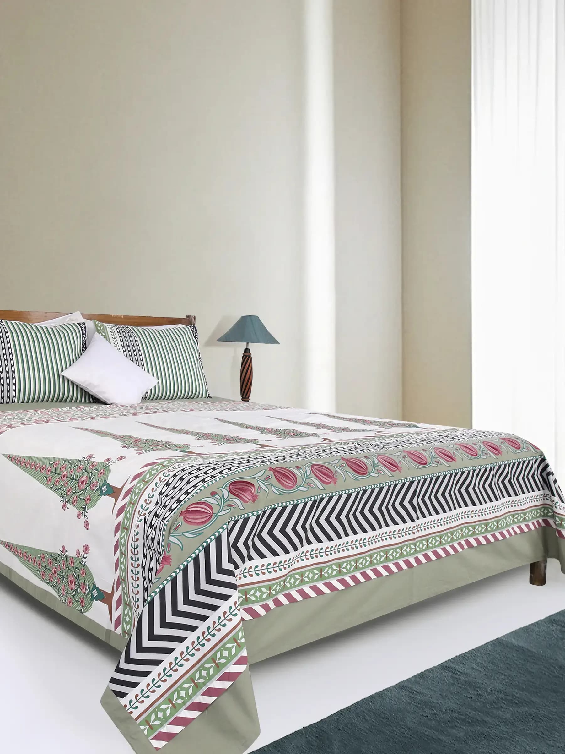 Sage Green Printed & Embroidered Cotton Bed Cover