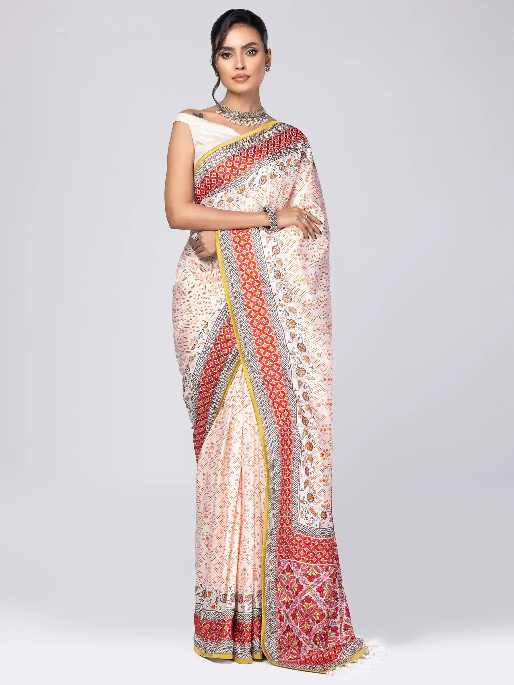 Off White Printed and Nakshi Kantha Embroidered Silk Saree