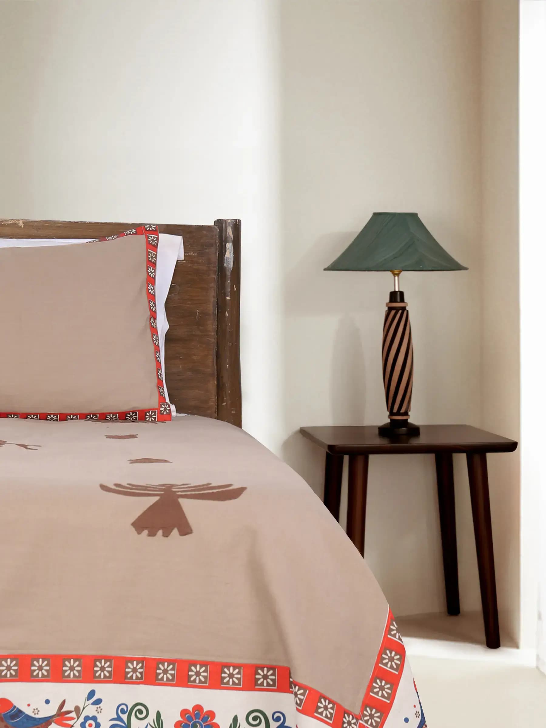 Brown/Beige Printed and Appliqued Cotton Bed Cover