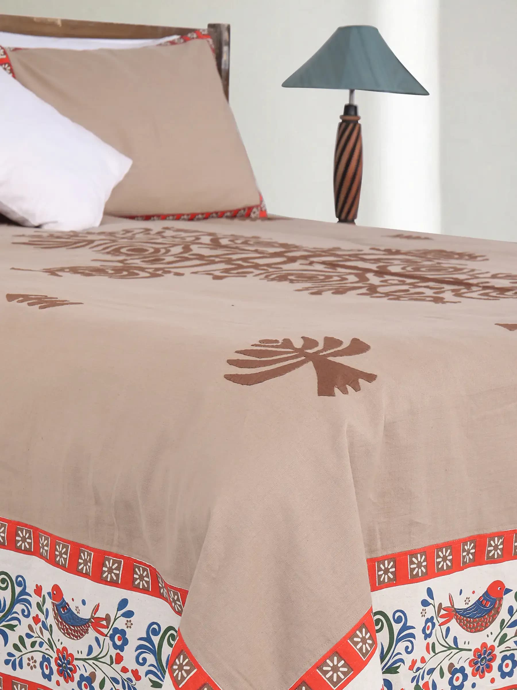 Brown/Beige Printed and Appliqued Cotton Bed Cover